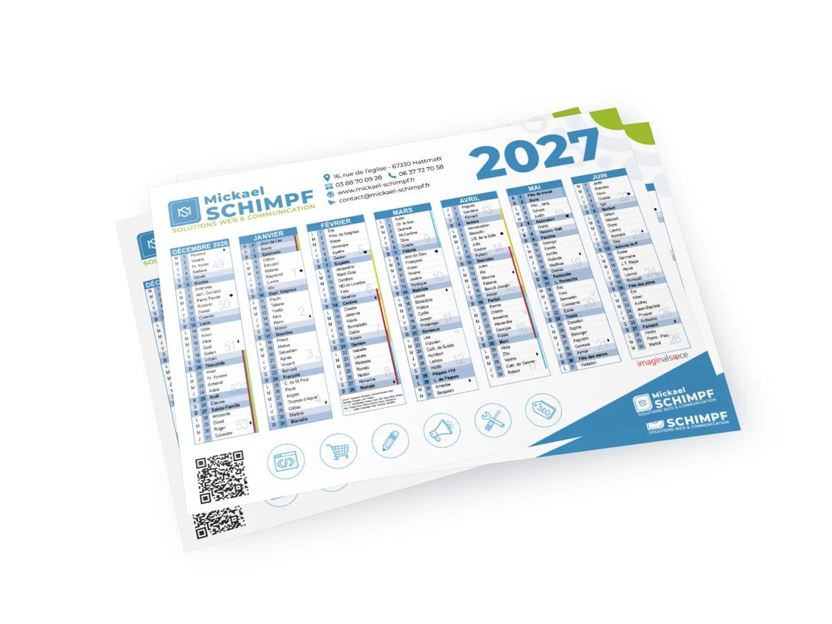 Calendrier sous-main personnalisé 2027, format A2, posé sur un bureau