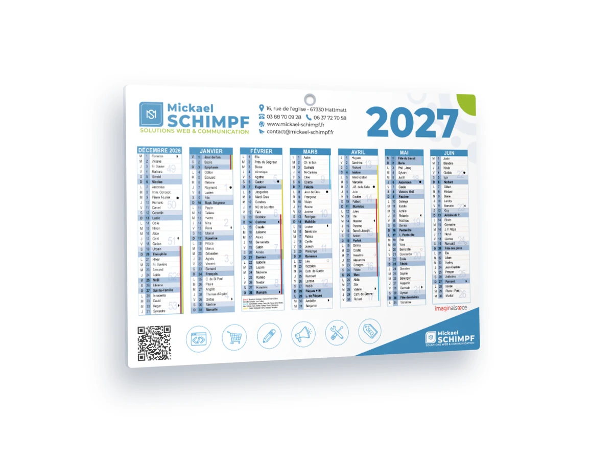 Calendrier rembordé personnalisé 2027 haut de gamme, format 39 × 55 cm